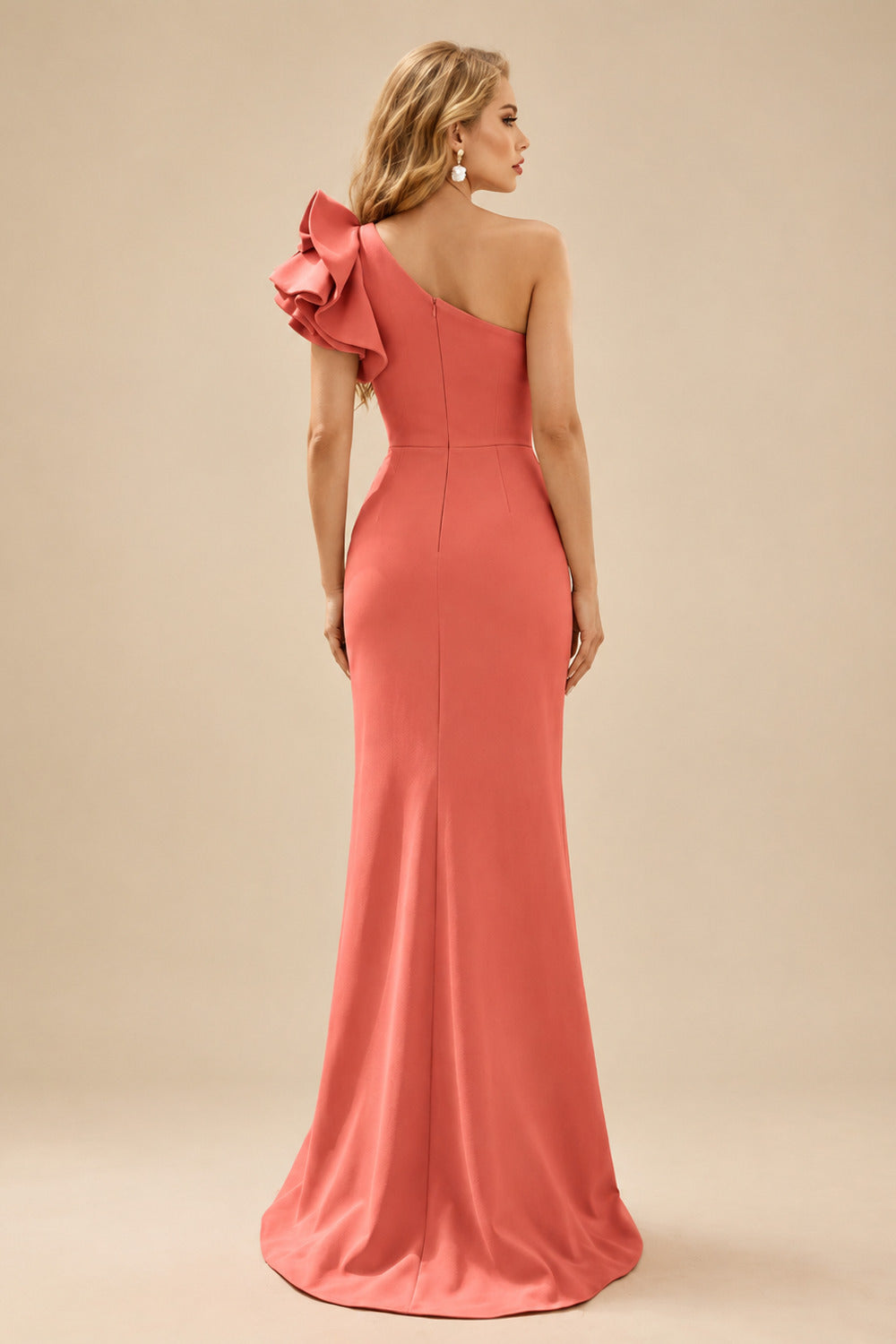 Rutipo Papaya One-Shoulder A-Line Ruffle Evening Dresses With Elastic Satin