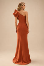 Rutipo Terracotta One-Shoulder A-Line Ruffle Evening Dresses With Elastic Satin