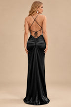 Rutipo Black Sheath/Column Cowl Neck Sleeveless Floor-Length Silk Like Satin Evening Dresses With Split Front