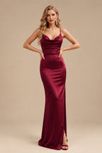 Rutipo Burgundy Sheath/Column Cowl Neck Sleeveless Floor-Length Silk Like Satin Evening Dresses With Split Front