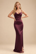 Rutipo Cabernet Sheath/Column Cowl Neck Sleeveless Floor-Length Silk Like Satin Evening Dresses With Split Front