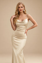 Rutipo Champagne Sheath/Column Cowl Neck Sleeveless Floor-Length Silk Like Satin Evening Dresses With Split Front