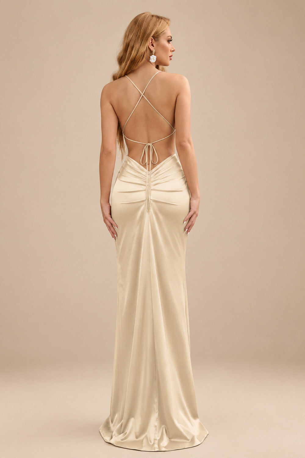 Rutipo Champagne Sheath/Column Cowl Neck Sleeveless Floor-Length Silk Like Satin Evening Dresses With Split Front