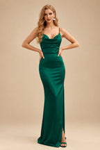 Rutipo Emerald Sheath/Column Cowl Neck Sleeveless Floor-Length Silk Like Satin Evening Dresses With Split Front