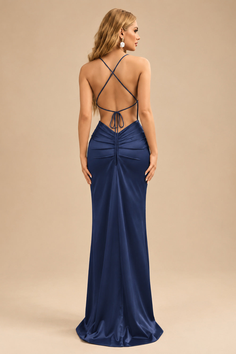 Rutipo Navy Blue Sheath/Column Cowl Neck Sleeveless Floor-Length Silk Like Satin Evening Dresses With Split Front