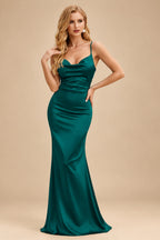 Rutipo Peacock Sheath/Column Cowl Neck Sleeveless Floor-Length Silk Like Satin Evening Dresses With Split Front