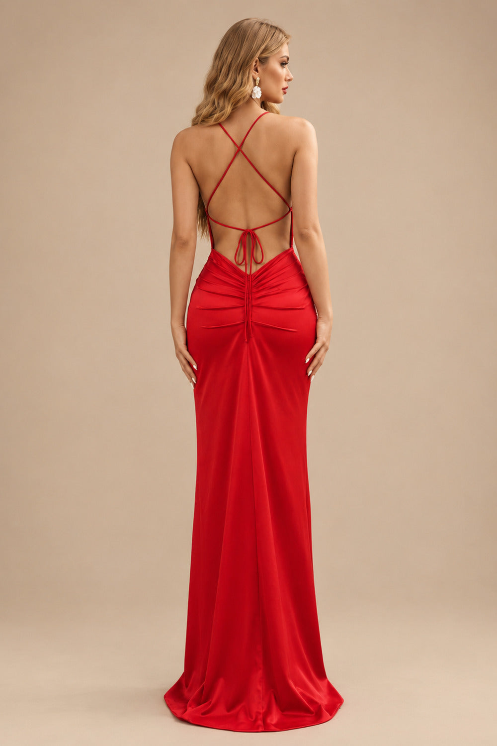Rutipo Red Sheath/Column Cowl Neck Sleeveless Floor-Length Silk Like Satin Evening Dresses With Split Front