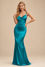 Rutipo Teal Sheath/Column Cowl Neck Sleeveless Floor-Length Silk Like Satin Evening Dresses With Split Front
