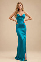 Rutipo Teal Sheath/Column Cowl Neck Sleeveless Floor-Length Silk Like Satin Evening Dresses With Split Front