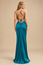 Rutipo Teal Sheath/Column Cowl Neck Sleeveless Floor-Length Silk Like Satin Evening Dresses With Split Front