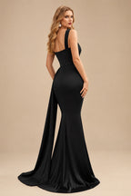 Rutipo Black Trumpet/Mermaid One-Shoulder Sweep Train Stretch Satin Evening Dresses