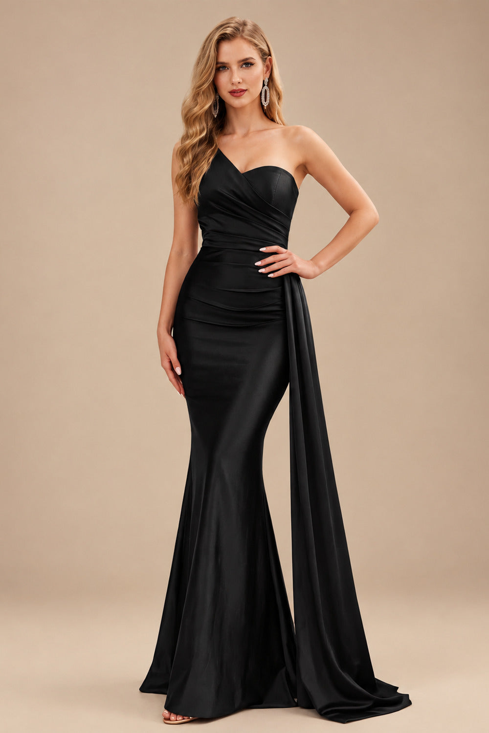 Rutipo Black Trumpet/Mermaid One-Shoulder Sweep Train Stretch Satin Evening Dresses