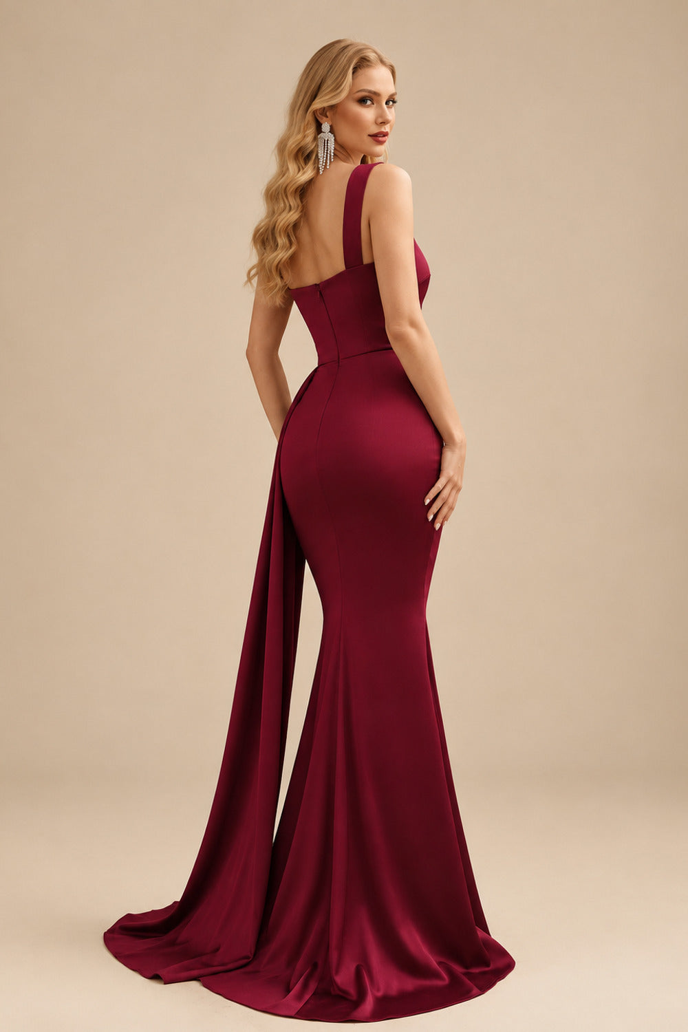 Rutipo Burgundy Trumpet/Mermaid One-Shoulder Sweep Train Stretch Satin Evening Dresses