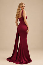 Rutipo Burgundy Trumpet/Mermaid One-Shoulder Sweep Train Stretch Satin Evening Dresses