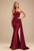 Rutipo Burgundy Trumpet/Mermaid One-Shoulder Sweep Train Stretch Satin Evening Dresses