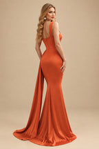 Rutipo Burnt Orange Trumpet/Mermaid One-Shoulder Sweep Train Stretch Satin Evening Dresses