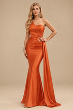 Rutipo Burnt Orange Trumpet/Mermaid One-Shoulder Sweep Train Stretch Satin Evening Dresses