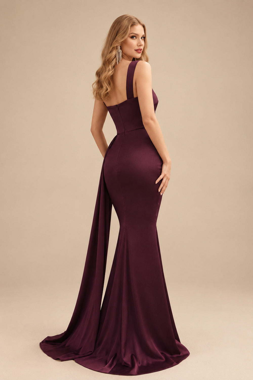Rutipo Cabernet Trumpet/Mermaid One-Shoulder Sweep Train Stretch Satin Evening Dresses