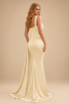 Rutipo Champagne Trumpet/Mermaid One-Shoulder Sweep Train Stretch Satin Evening Dresses
