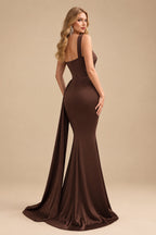 Rutipo Chocolate Trumpet/Mermaid One-Shoulder Sweep Train Stretch Satin Evening Dresses