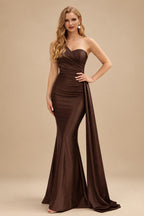 Rutipo Chocolate Trumpet/Mermaid One-Shoulder Sweep Train Stretch Satin Evening Dresses