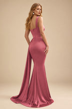 Rutipo Cinnamon Rose Trumpet/Mermaid One-Shoulder Sweep Train Stretch Satin Evening Dresses