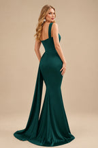 Rutipo Dark Green Trumpet/Mermaid One-Shoulder Sweep Train Stretch Satin Evening Dresses