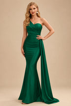 Rutipo Dark Green Trumpet/Mermaid One-Shoulder Sweep Train Stretch Satin Evening Dresses
