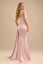 Rutipo Dusty Rose Trumpet/Mermaid One-Shoulder Sweep Train Stretch Satin Evening Dresses