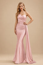 Rutipo Dusty Rose Trumpet/Mermaid One-Shoulder Sweep Train Stretch Satin Evening Dresses