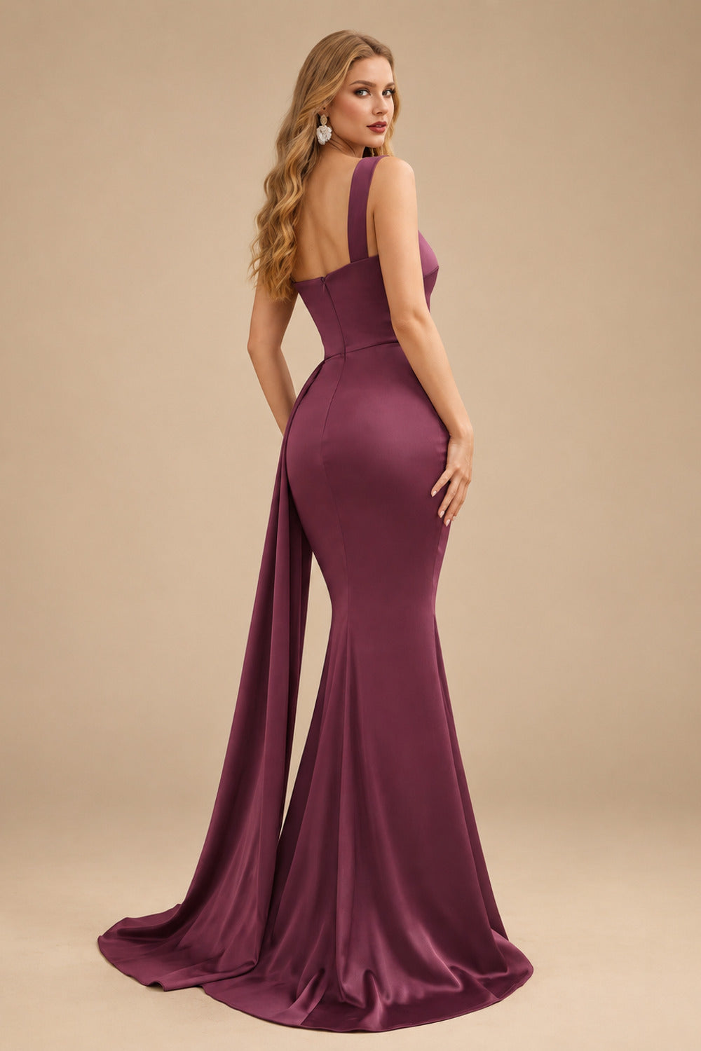 Rutipo Mulberry Trumpet/Mermaid One-Shoulder Sweep Train Stretch Satin Evening Dresses