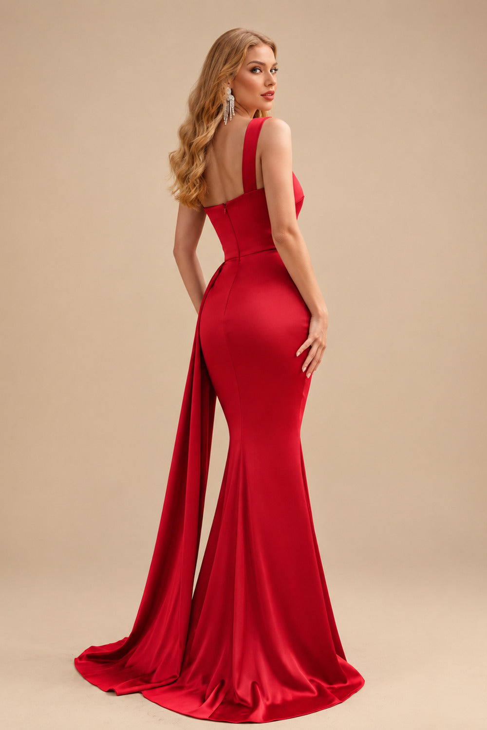 Rutipo Red Trumpet/Mermaid One-Shoulder Sweep Train Stretch Satin Evening Dresses