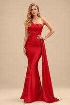 Rutipo Red Trumpet/Mermaid One-Shoulder Sweep Train Stretch Satin Evening Dresses