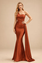 Rutipo Terracotta Trumpet/Mermaid One-Shoulder Sweep Train Stretch Satin Evening Dresses