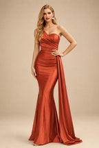 Rutipo Vermilion Trumpet/Mermaid One-Shoulder Sweep Train Stretch Satin Evening Dresses