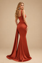 Rutipo Vermilion Trumpet/Mermaid One-Shoulder Sweep Train Stretch Satin Evening Dresses