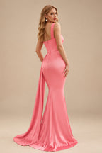 Rutipo Watermelon Trumpet/Mermaid One-Shoulder Sweep Train Stretch Satin Evening Dresses