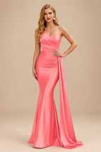 Rutipo Watermelon Trumpet/Mermaid One-Shoulder Sweep Train Stretch Satin Evening Dresses