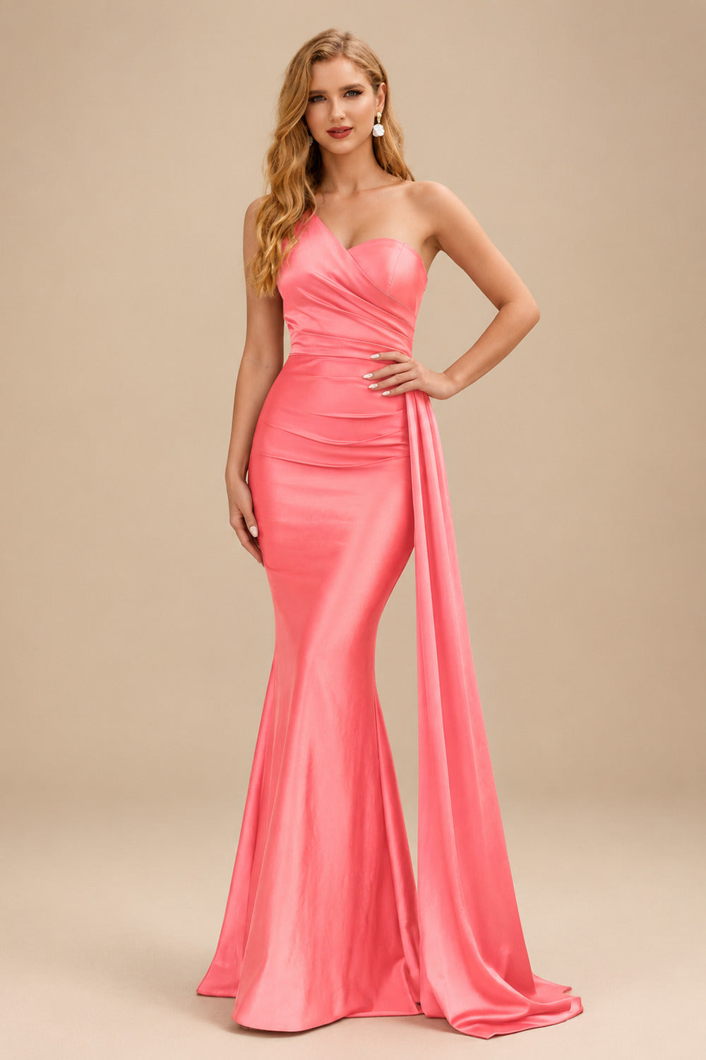 Rutipo Watermelon Trumpet/Mermaid One-Shoulder Sweep Train Stretch Satin Evening Dresses