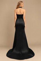 Rutipo Black Sheath/Column Halter Charmeuse Evening Dress With High Split
