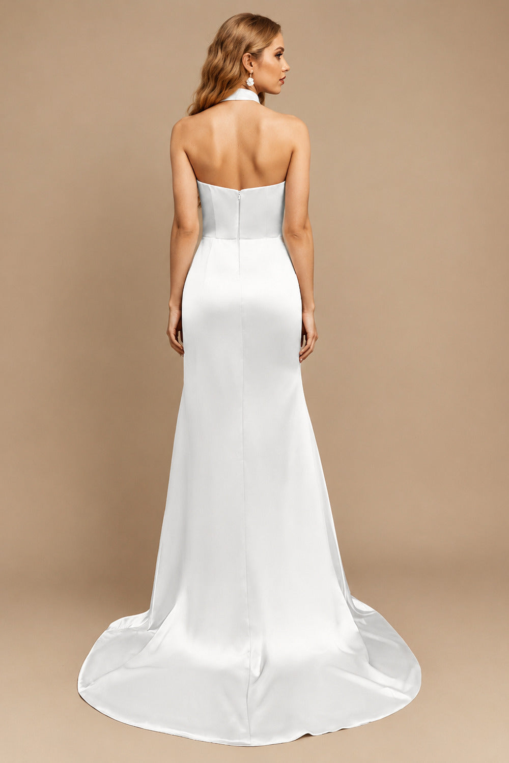 Rutipo Ivory Sheath/Column Halter Charmeuse Evening Dress With High Split