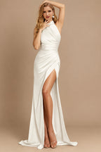 Rutipo Ivory Sheath/Column Halter Charmeuse Evening Dress With High Split