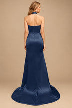 Rutipo Navy Blue Sheath/Column Halter Charmeuse Evening Dress With High Split