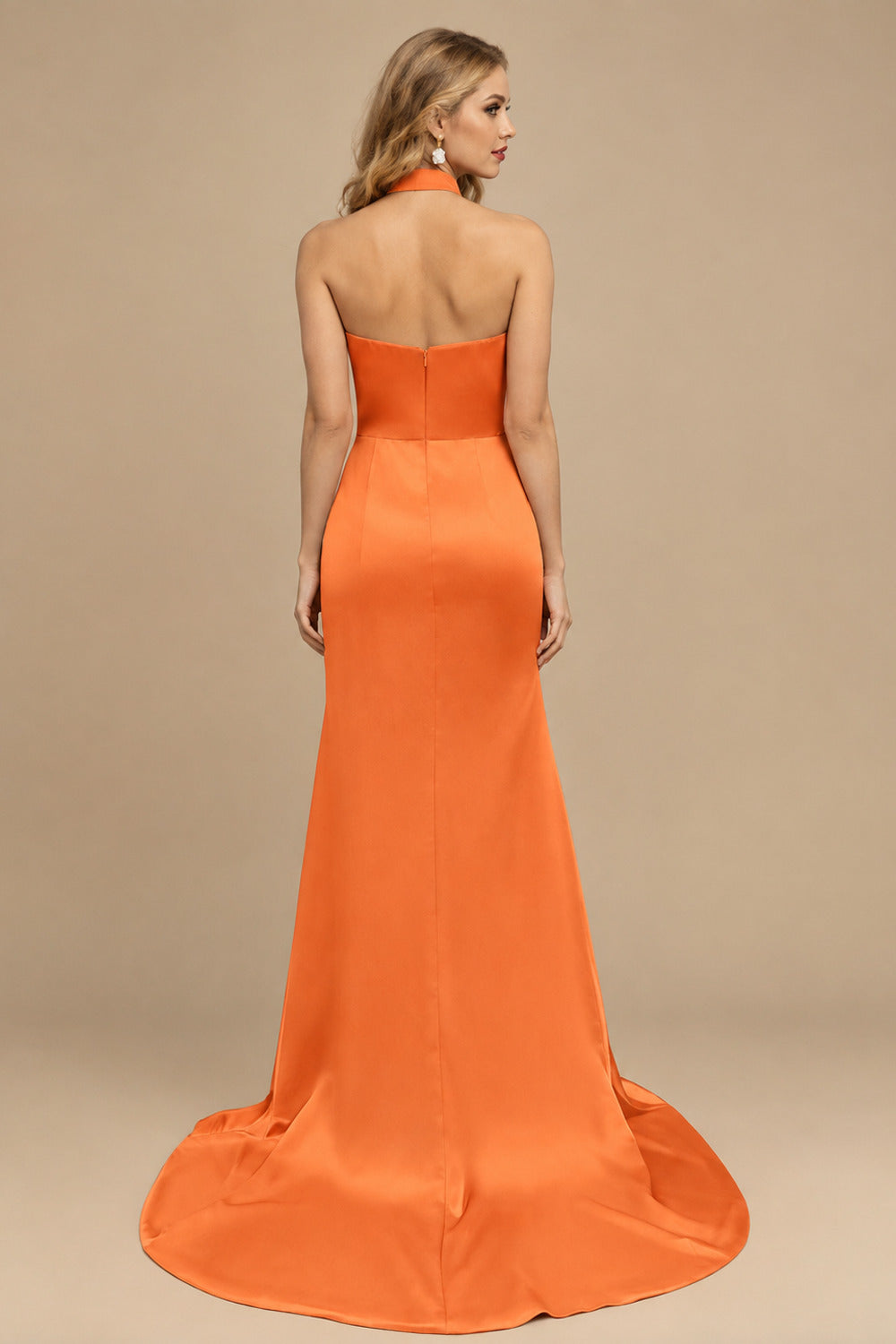 Rutipo Orange Sheath/Column Halter Charmeuse Evening Dress With High Split