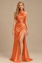 Rutipo Orange Sheath/Column Halter Charmeuse Evening Dress With High Split