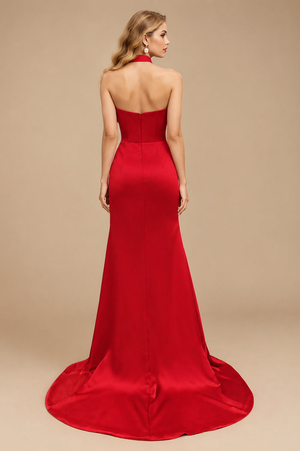 Rutipo Red Sheath/Column Halter Charmeuse Evening Dress With High Split