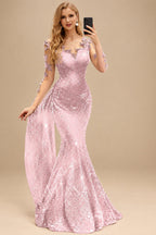 Rutipo Blushing Pink Sparkle Bejeweled Trumpet Semi Sheer LIlusion Sleeves Evening Dresses With Lace