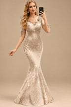 Rutipo Champagne Sparkle Bejeweled Trumpet Semi Sheer LIlusion Sleeves Evening Dresses With Lace