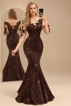 Rutipo Chocolate Sparkle Bejeweled Trumpet Semi Sheer LIlusion Sleeves Evening Dresses With Lace