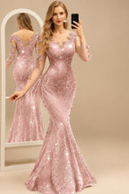 Rutipo Dusty Rose Sparkle Bejeweled Trumpet Semi Sheer LIlusion Sleeves Evening Dresses With Lace